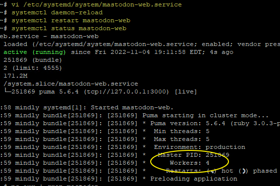 SSH output showing mastodon-web with 4 workers