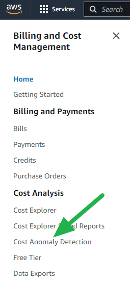 Cost Anomaly Detection in navigation menu