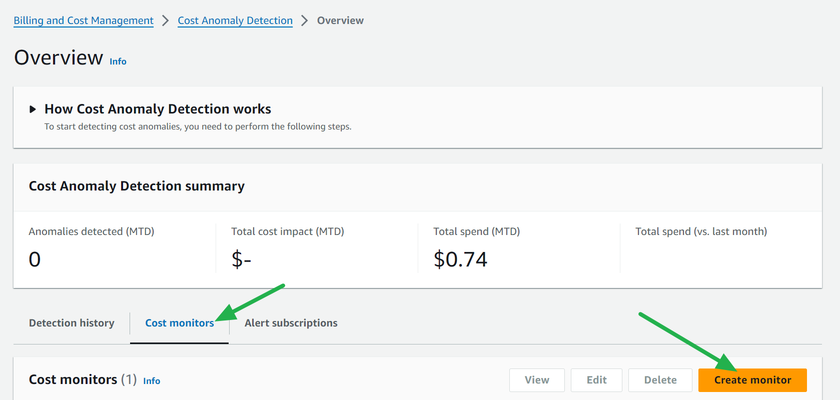 Cost monitors tab and Create monitor button