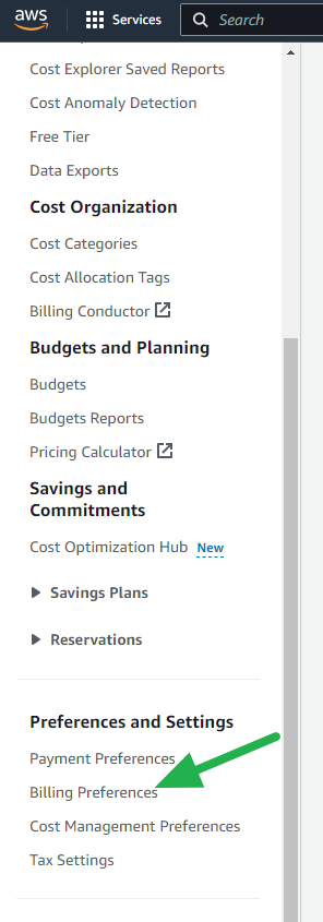 Billing preferences in the menu