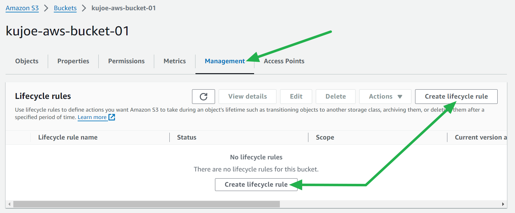 Create lifecycle rule buttons